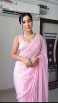 1 - Minute Ready To Wear Blushing Rose Attire Silk Printed Saree - pink