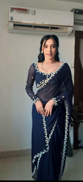 1 - Minute Ready To Wear Blushing Rose Attire Silk Printed Saree - navy
