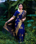 Royal Kanjivaram Golden Zari Woven Silk Saree With Blouse Piece - Blue