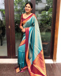 Wedding Wear Kanjivaram Woven Silk Saree With Blouse Piece - Indigo
