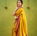 Wedding Wear Kanjivaram Woven Silk Saree With Blouse Piece - Yellow