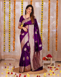 Royal Kanjivaram Golden Zari Woven Silk Saree With Blouse Piece - Purple
