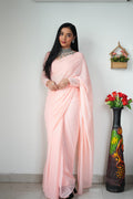 1-Min Georgette Ready To Wear Saree With Blouse Piece - BABY PEACH