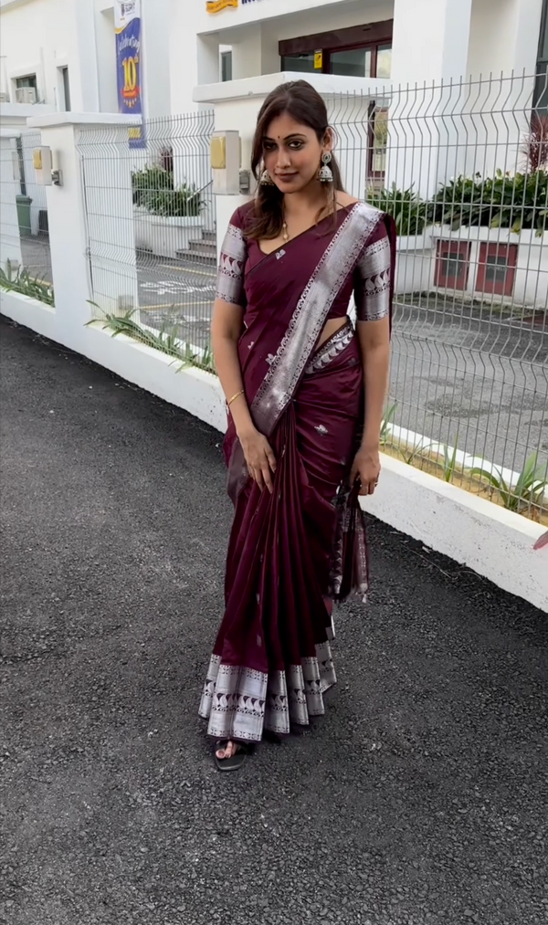 Burgundy color slik saree with sliver zari work