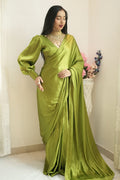 1-Min Satin Ready To Wear Saree With Blouse Piece - Green