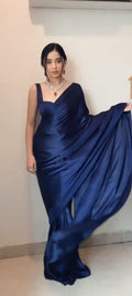 1-Min Satin Ready To Wear Saree With Blouse Piece - Blue