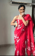 Rani Pink Colour 1-Min Georgette Ready To Wear Saree With Blouse Piece - Red flower