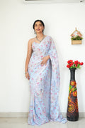 Extraordinary 1-Minute Ready To Wear Printed Satin Silk Saree - sky-blue