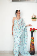 Extraordinary 1-Minute Ready To Wear Printed Satin Silk Saree - ocean-blue