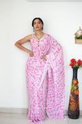 Extraordinary 1-Minute Ready To Wear Printed Satin Silk Saree - pink