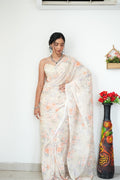 Extraordinary 1-Minute Ready To Wear Printed Satin Silk Saree - white