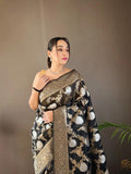 Pretty Colors Banarasi Silk Zari Weaving Saree With Blouse Piece - black