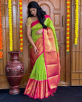 Festive Wear Kanjivaram Woven Silk Saree With Blouse Piece - PARROT GREEN