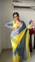 1-Min Georgette Ready To Wear Saree With Blouse Piece - grey yellow